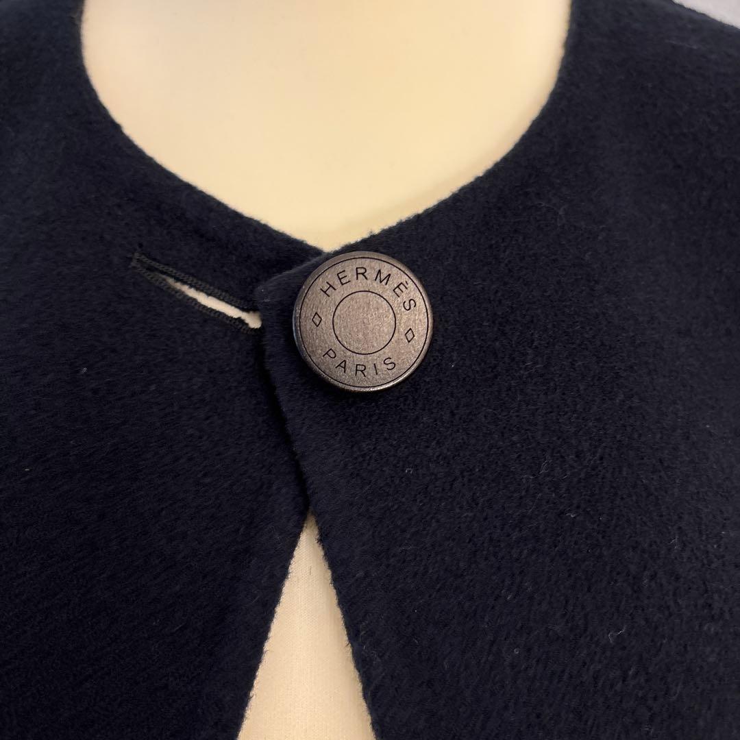 HERMES カシミヤ ジレ ロング ブルー ノワール ダブルフェイス32 式典