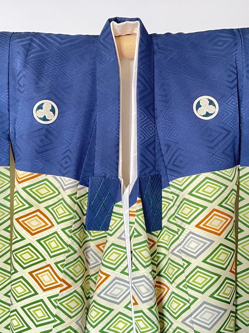 □男児　正絹祝着　菱紋　亀甲金駒刺繍　お宮参り　初着　掛け着　襦袢付　紺色