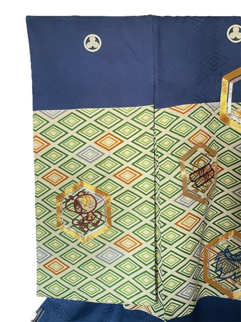 □男児　正絹祝着　菱紋　亀甲金駒刺繍　お宮参り　初着　掛け着　襦袢付　紺色