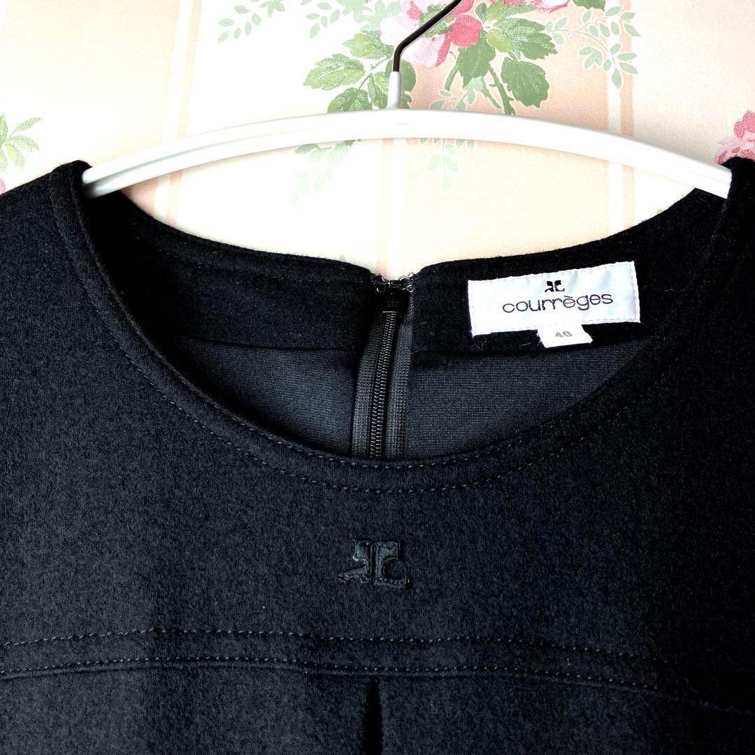 【クレージュ】　膝丈ワンピース　ベル袖　ロゴマーク刺繍　濃紺　 Aライン　七分袖