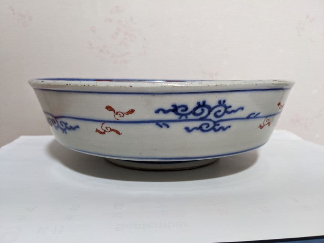 ♦古伊万里 明治時代 染付色絵 青海波 竹梅文様 上手八寸鉢 古美術品 骨董品