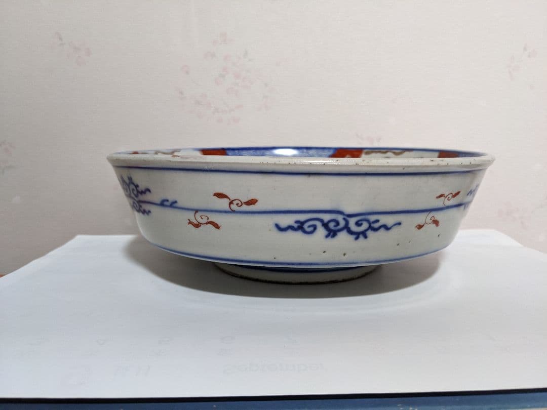 ♦古伊万里 明治時代 染付色絵 青海波 竹梅文様 上手八寸鉢 古美術品 骨董品