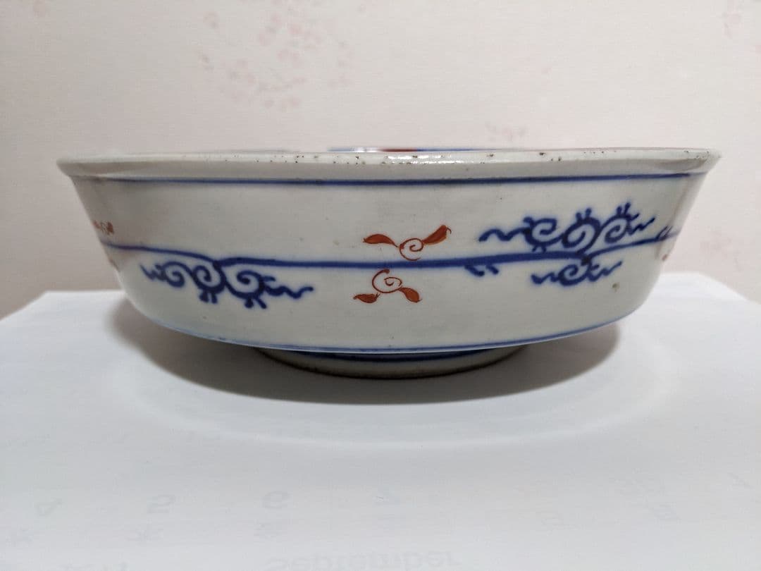 ♦古伊万里 明治時代 染付色絵 青海波 竹梅文様 上手八寸鉢 古美術品 骨董品