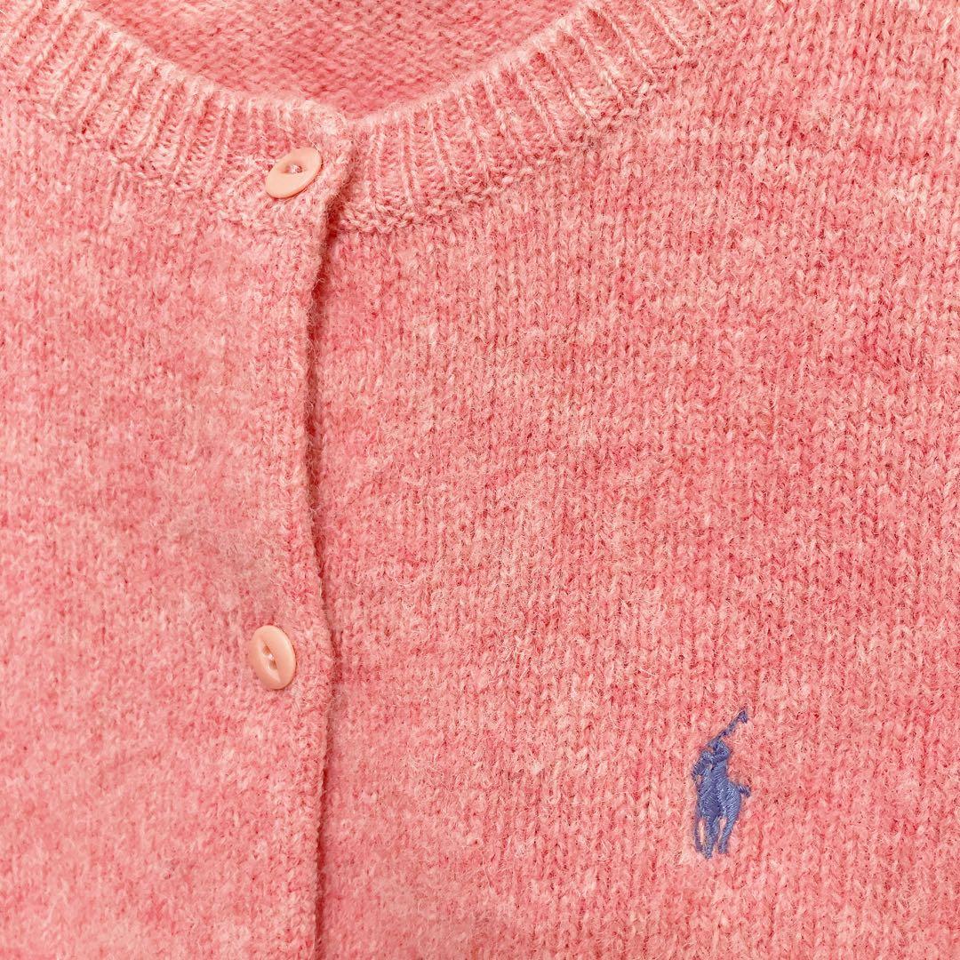 ラルフローレン　カーディガン　ウール　ポニー刺繍　ピンク×水色　L