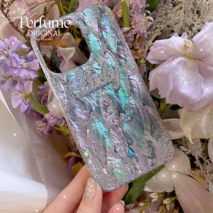 名入れ♡天然シェル✨キラキラ ハートドロップチャーム ブルー♡iPhoneケース