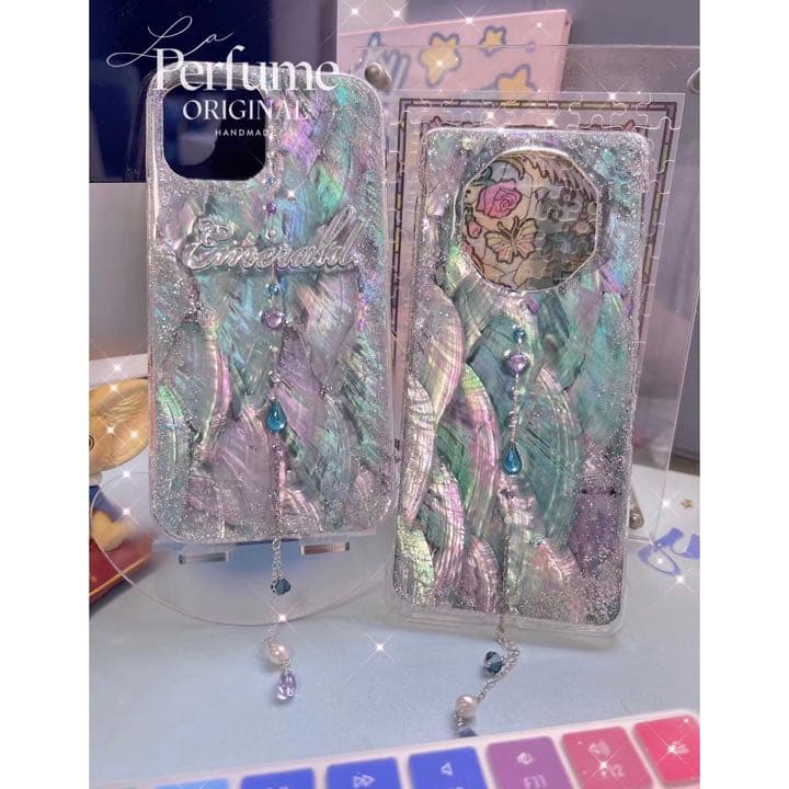 名入れ♡天然シェル✨キラキラ ハートドロップチャーム ブルー♡iPhoneケース