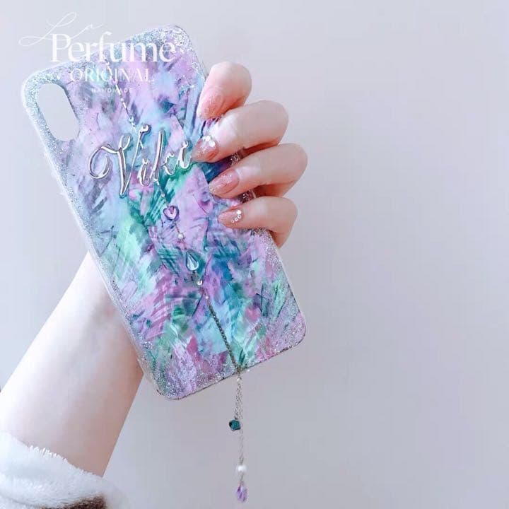 名入れ♡天然シェル✨キラキラ ハートドロップチャーム ブルー♡iPhoneケース