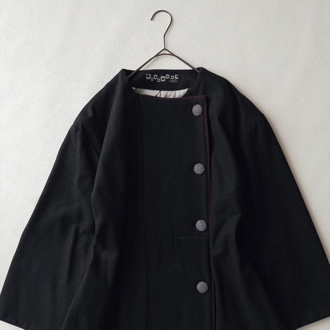 美品✨ふりふ 裏地総柄 花柄 ロングコート ウール 黒 M ベルトなし