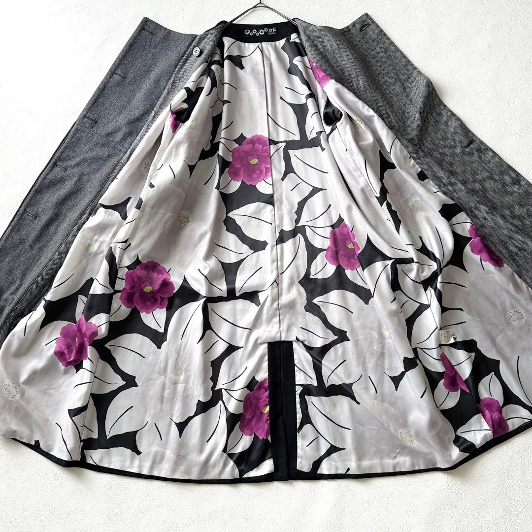 美品✨ふりふ 裏地総柄 花柄 ロングコート ウール 黒 M ベルトなし