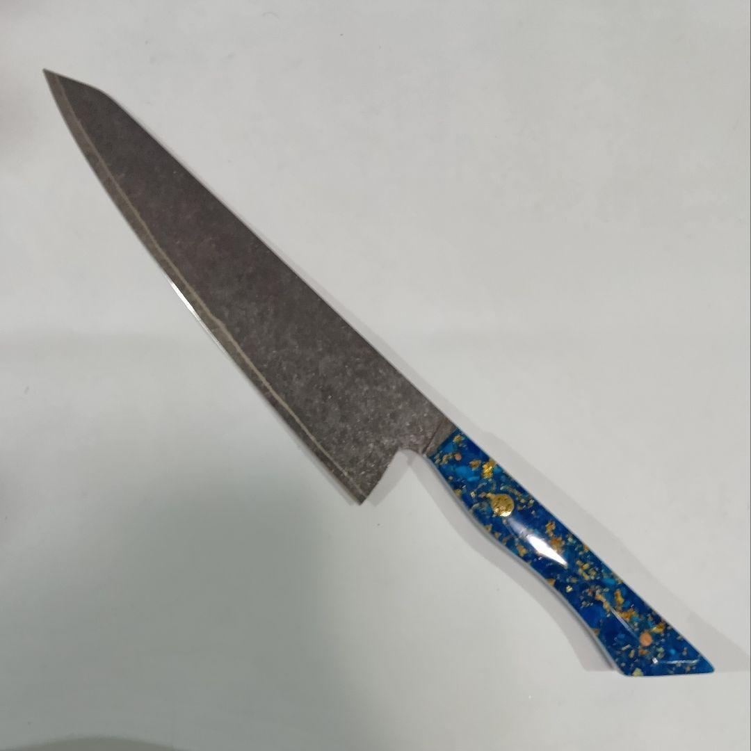 V金10号 ７層ダマスカス鋼 黒染め 切付 牛刀 23cm 包丁 青金箔G10柄