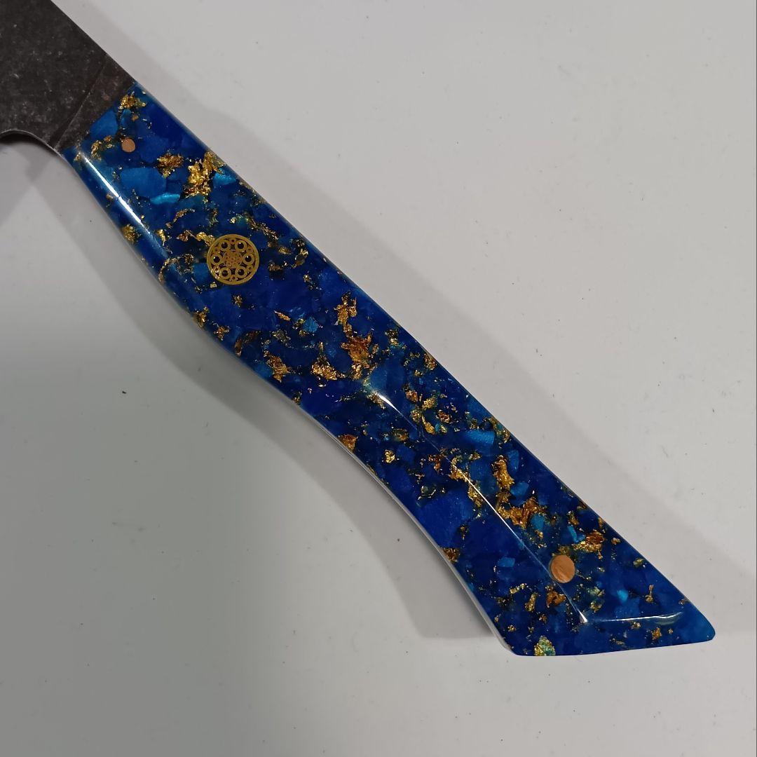 V金10号 ７層ダマスカス鋼 黒染め 切付 牛刀 23cm 包丁 青金箔G10柄