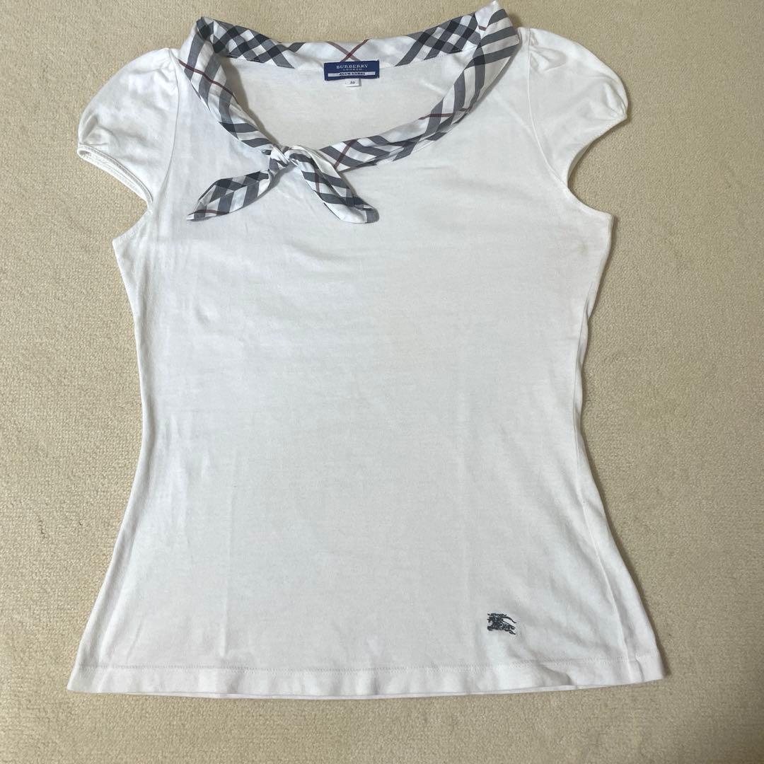 バーバリーブルーレーベル　ボウタイTシャツ　チェック　ホワイト　　パフスリーブ