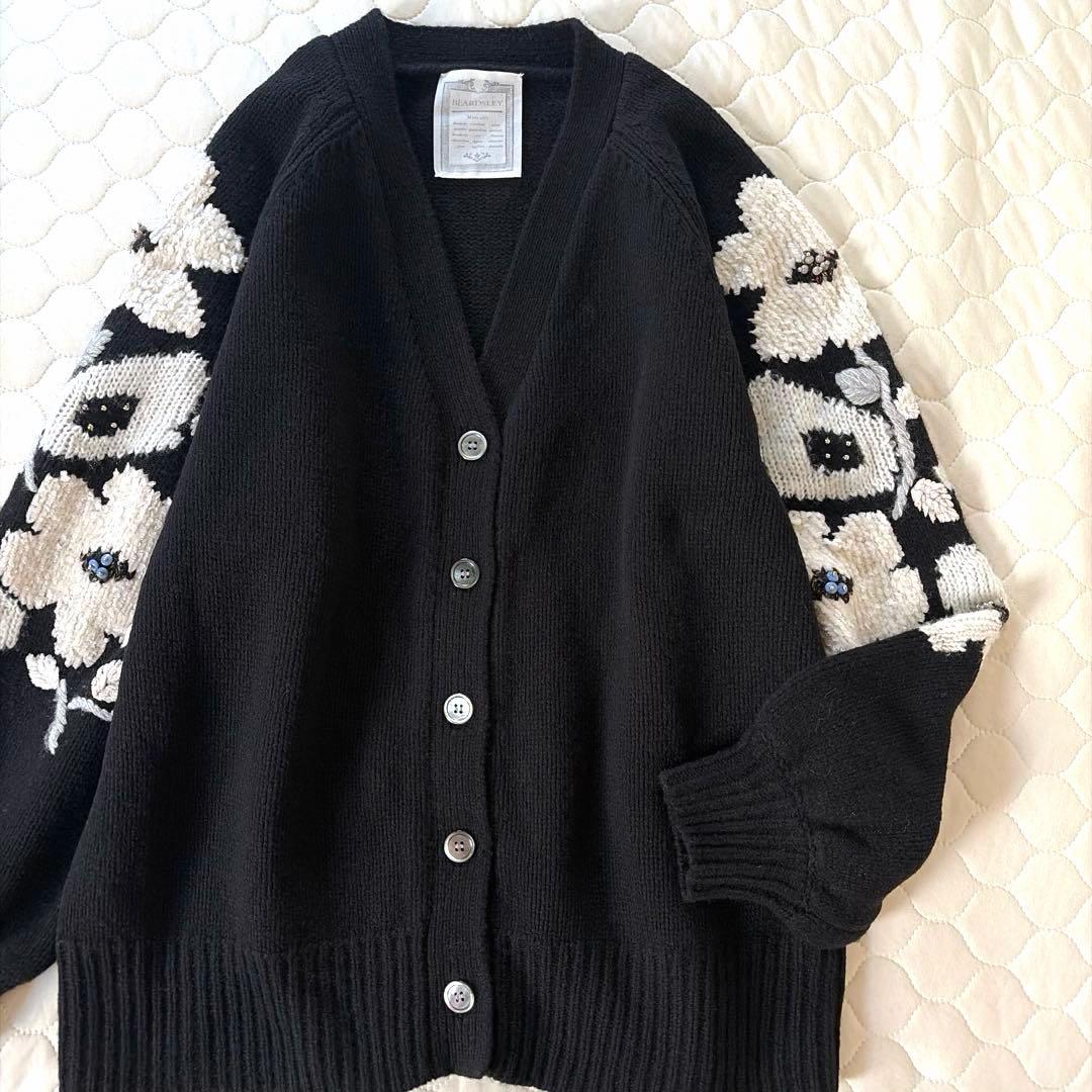 【24SS美品】定価4万✴︎BEARDSLEY 袖ジャガードカーディガン ブラック