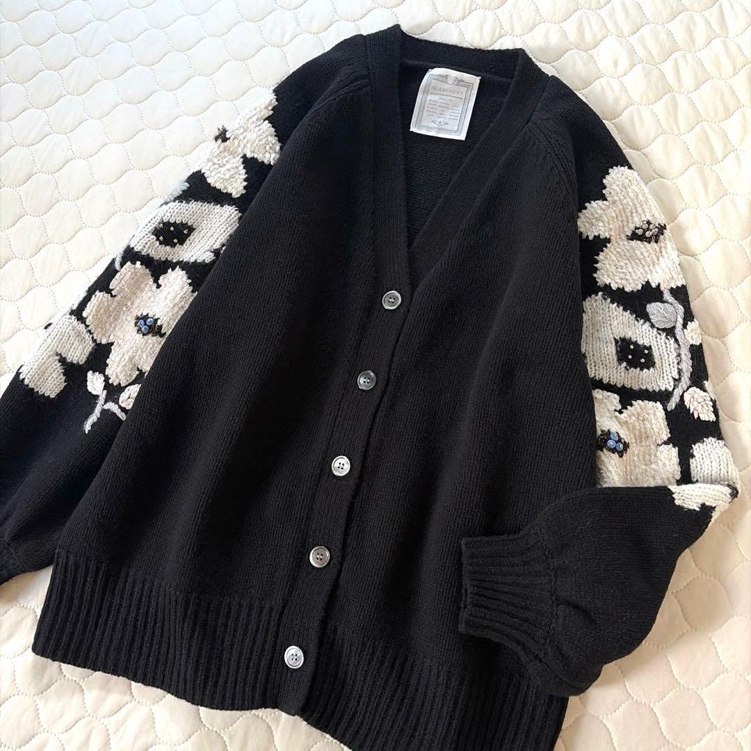 【24SS美品】定価4万✴︎BEARDSLEY 袖ジャガードカーディガン ブラック