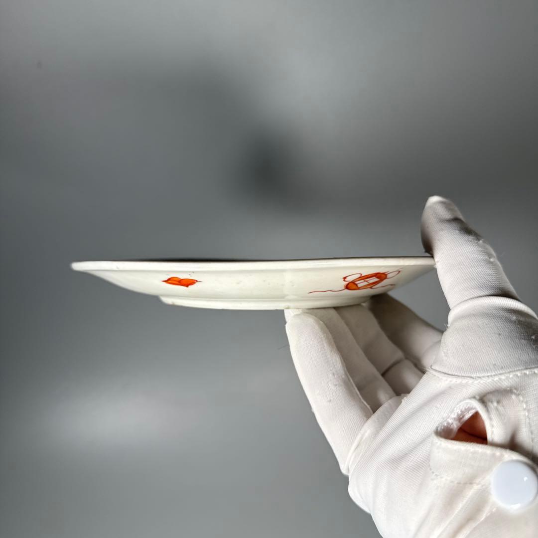 古伊万里　色絵アヒル文様丸皿　5枚　直径18.7㎝　七宝文　珍しい絵付