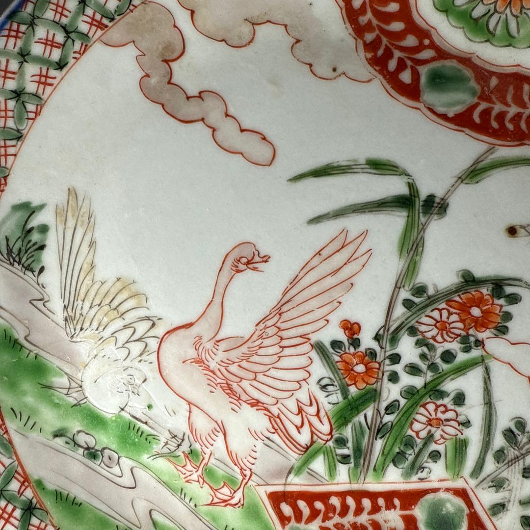 古伊万里　色絵アヒル文様丸皿　5枚　直径18.7㎝　七宝文　珍しい絵付