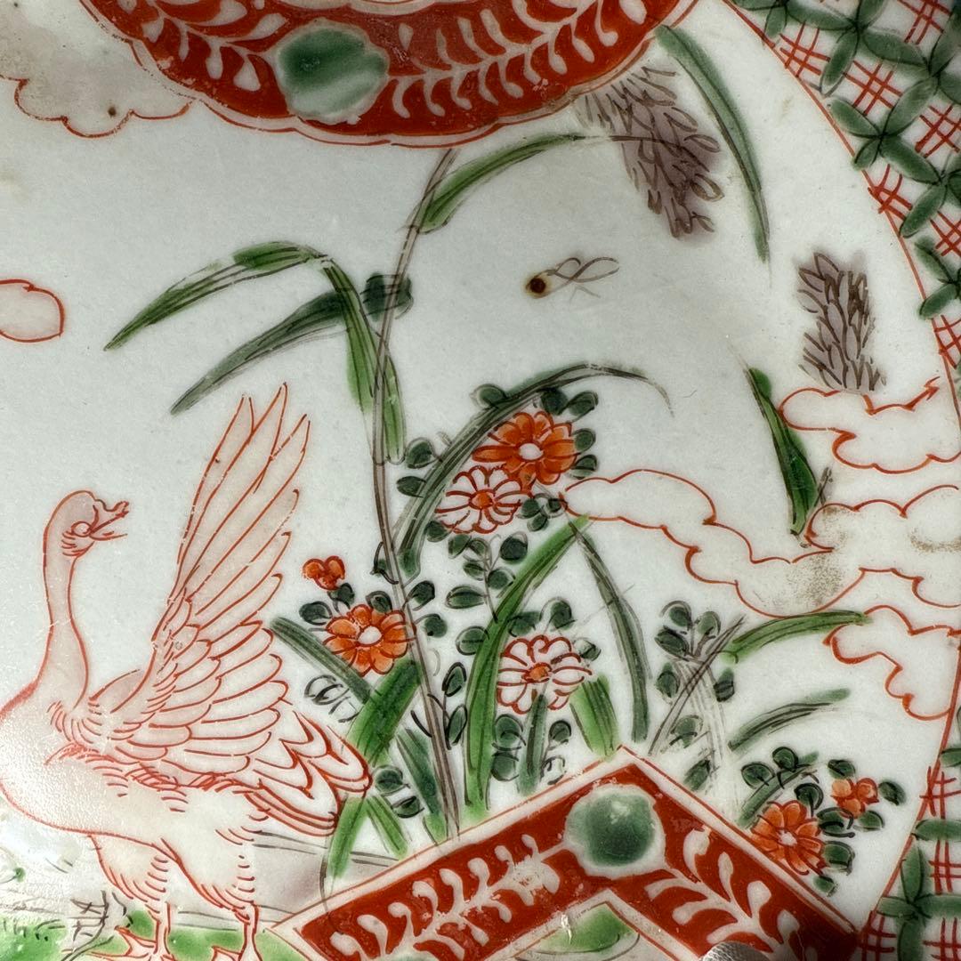 古伊万里　色絵アヒル文様丸皿　5枚　直径18.7㎝　七宝文　珍しい絵付