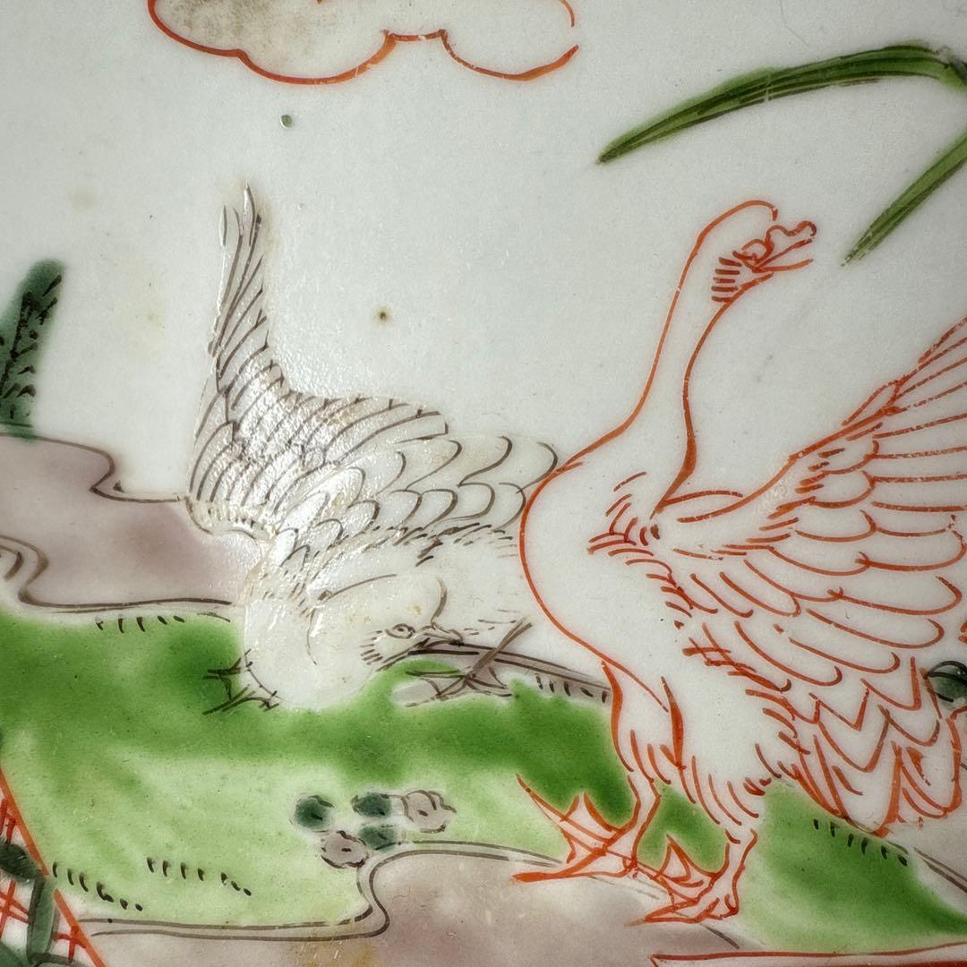 古伊万里　色絵アヒル文様丸皿　5枚　直径18.7㎝　七宝文　珍しい絵付