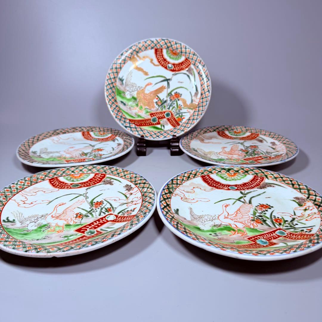 古伊万里　色絵アヒル文様丸皿　5枚　直径18.7㎝　七宝文　珍しい絵付