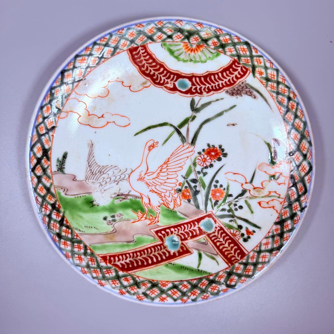 古伊万里　色絵アヒル文様丸皿　5枚　直径18.7㎝　七宝文　珍しい絵付
