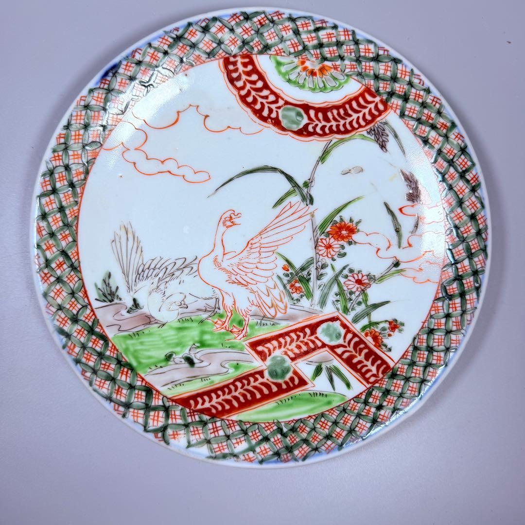 古伊万里　色絵アヒル文様丸皿　5枚　直径18.7㎝　七宝文　珍しい絵付