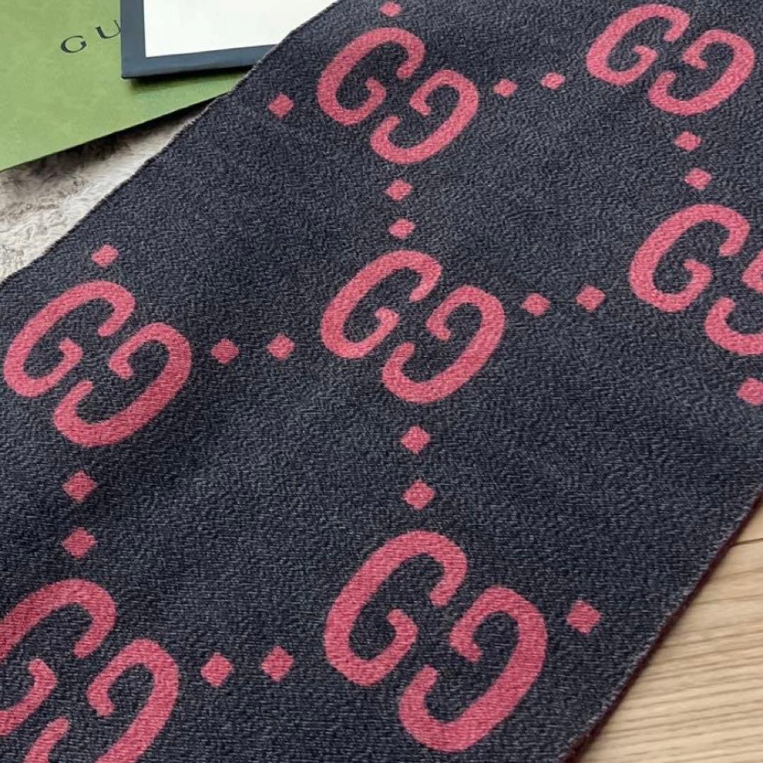 GUCCI GGロゴマフラー グレー/ピンク 37x190cm