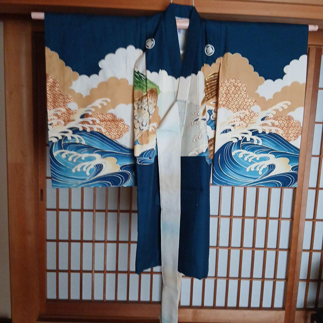 お宮参り　波と鷹の刺繍 着物　長襦袢付き 昭和レトロ
