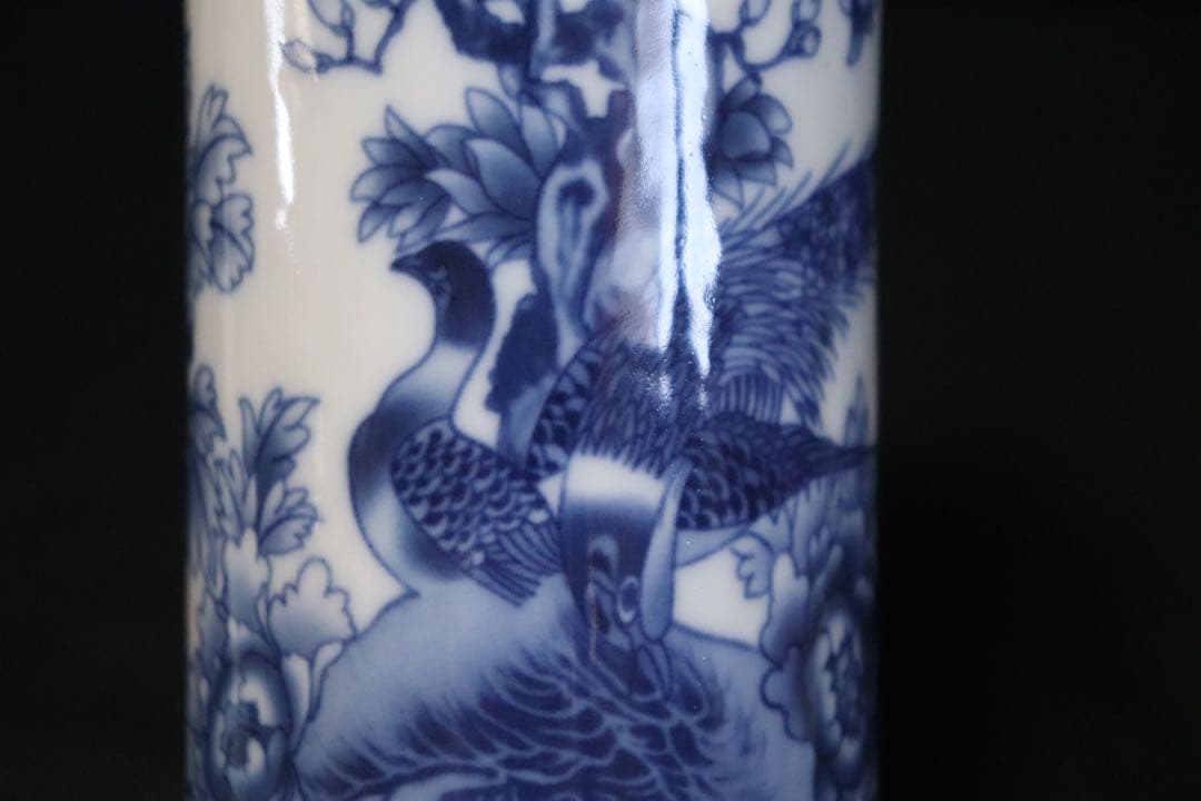 中国　染付錦鶏牡丹紋筆入　大清乾隆年製銘　送料込み0725