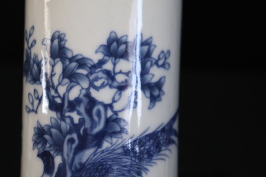 中国　染付錦鶏牡丹紋筆入　大清乾隆年製銘　送料込み0725
