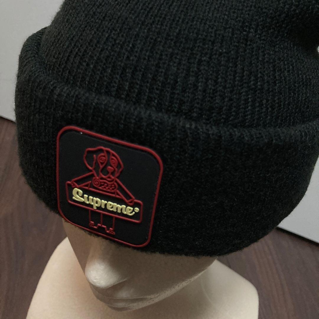 シュプリーム SUPREME ビーニー帽 ニット 帽子 DOGワッペン 犬 黒
