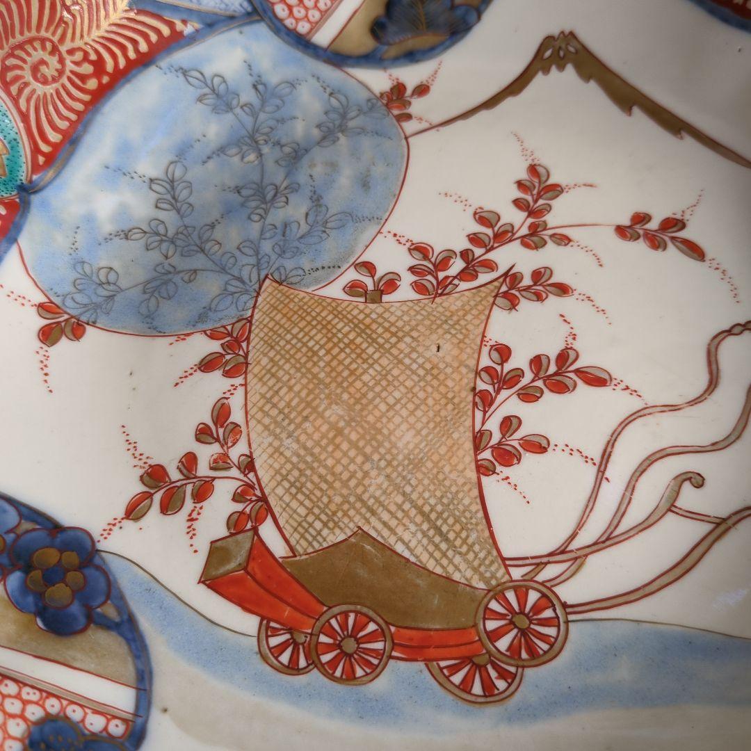 骨董 伊万里 色絵 花弁 金彩 脚付 盛り皿 飾り皿 アンティーク 富士山 花車