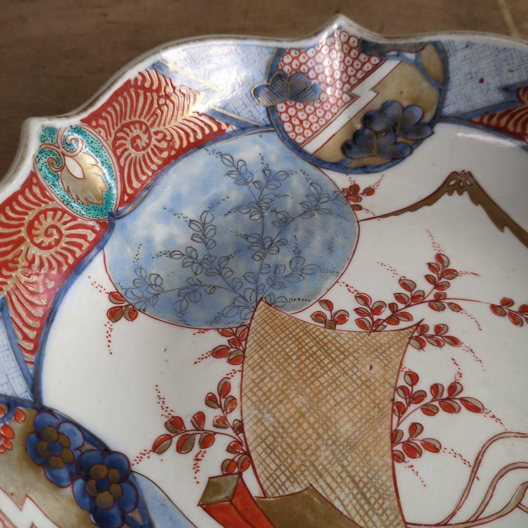 骨董 伊万里 色絵 花弁 金彩 脚付 盛り皿 飾り皿 アンティーク 富士山 花車