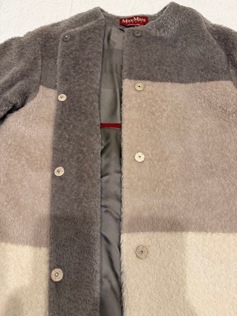 a*i様 超美品MaxMara ボーダー ノーカラー アルパカ ロングコート 4