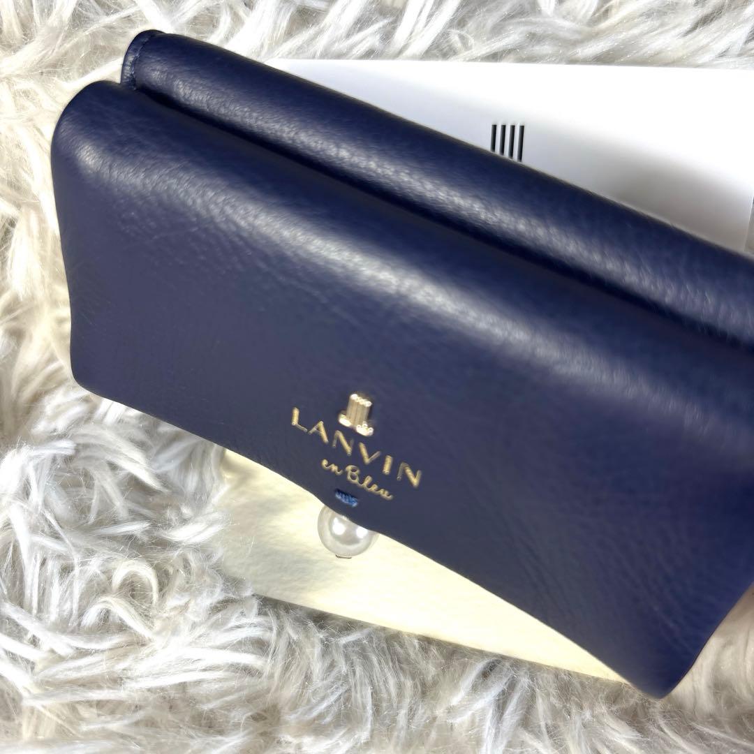 未使用✨ランバンオンブルー　三つ折りミニ財布 シャペル　ネイビー　パール　レザー