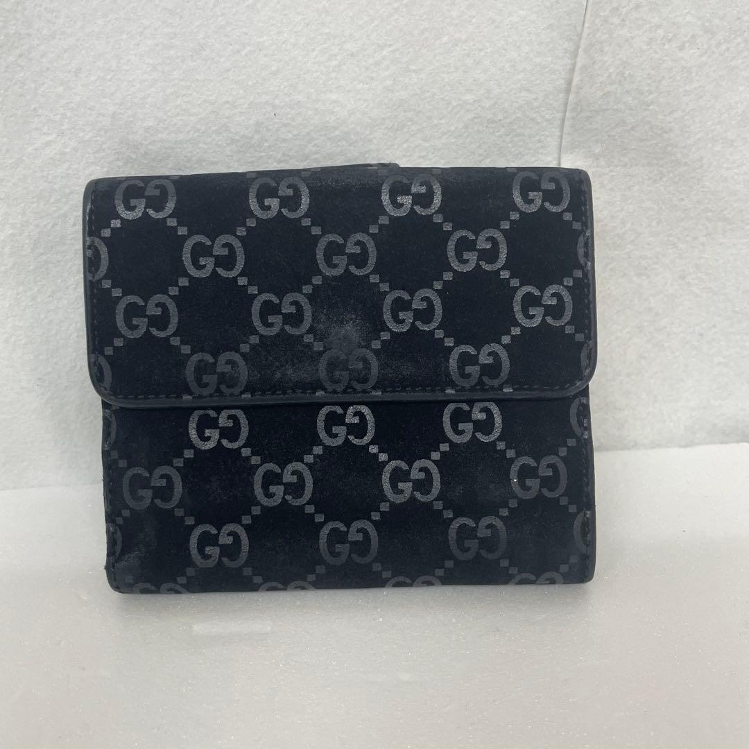 GUCCI GG 二つ折り 財布 ロゴ 黒 ブラック スエード