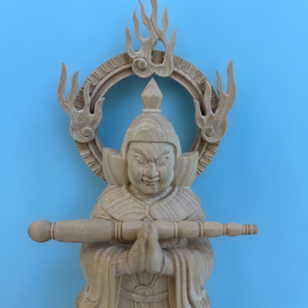 柘植 木彫り 韋駄天像 19cm 仏像 置物 開運 守護 仏教美術 木彫