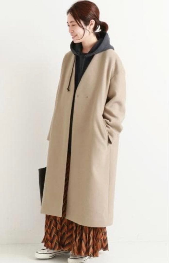 美品　IENA MANTECO ノーカラー ロングコート ベージュ