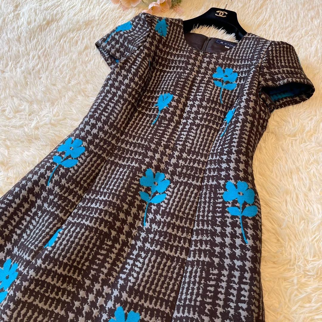 美品 M'S GRACY 千鳥格子 フラワーモチーフ ワンピース ブラウン 38