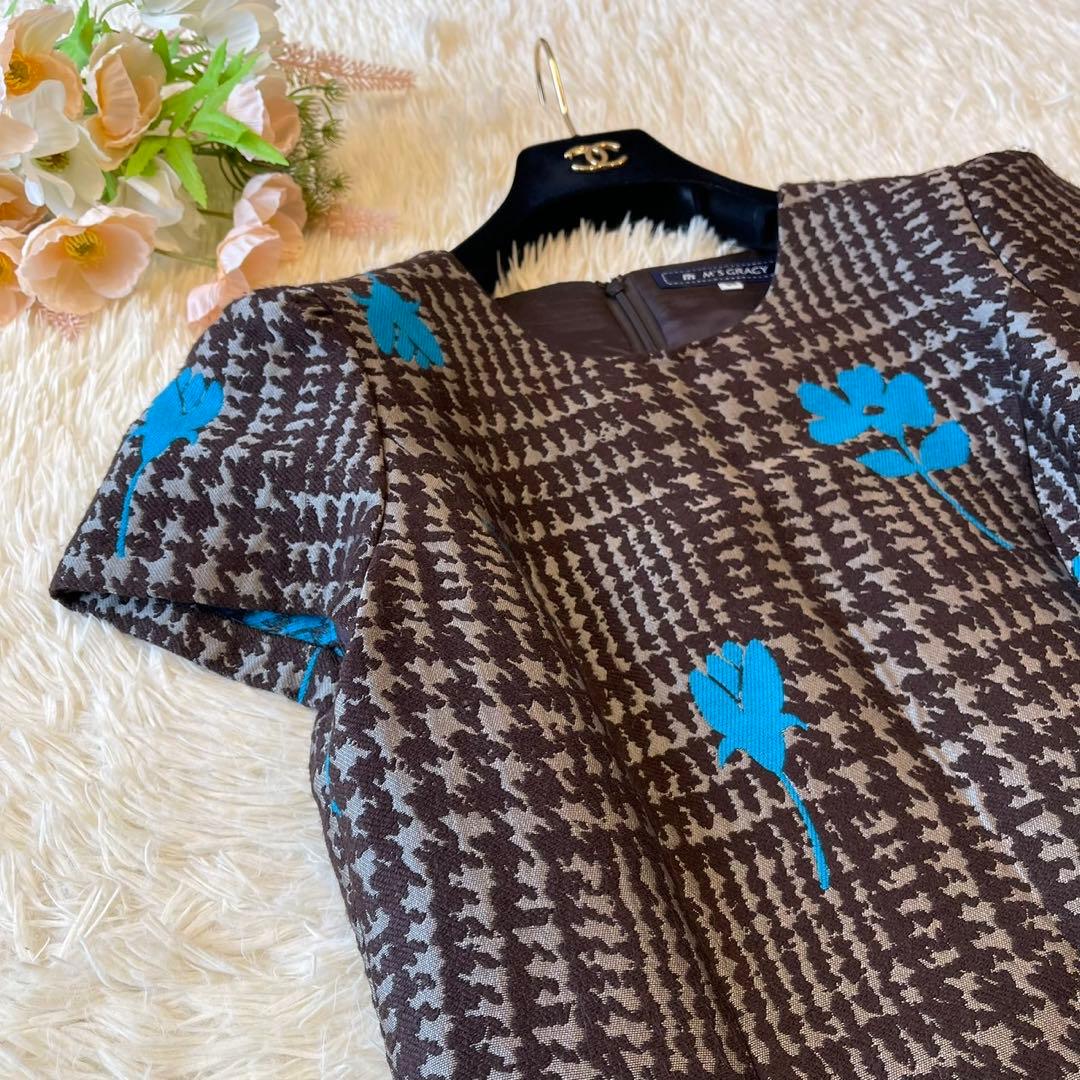 美品 M'S GRACY 千鳥格子 フラワーモチーフ ワンピース ブラウン 38