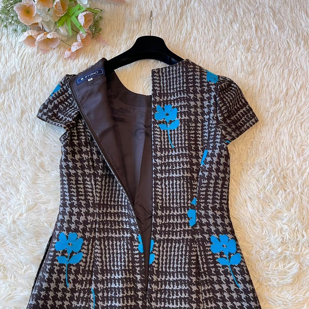 美品 M'S GRACY 千鳥格子 フラワーモチーフ ワンピース ブラウン 38