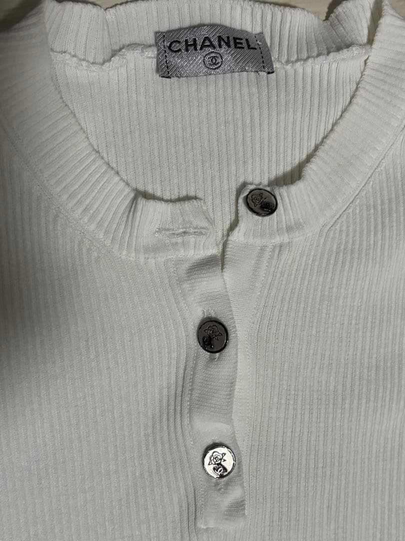 CHANEL ホワイトリブ編み半袖Tシャツ S