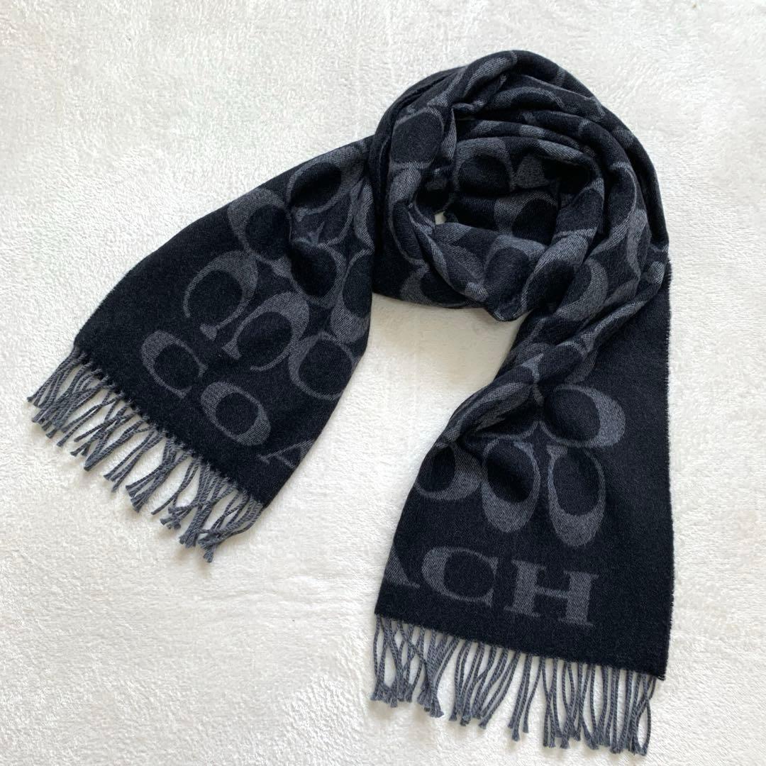 COACH コーチ大判マフラー　黒　ウール　カシミヤ混　ストール　シグネチャー