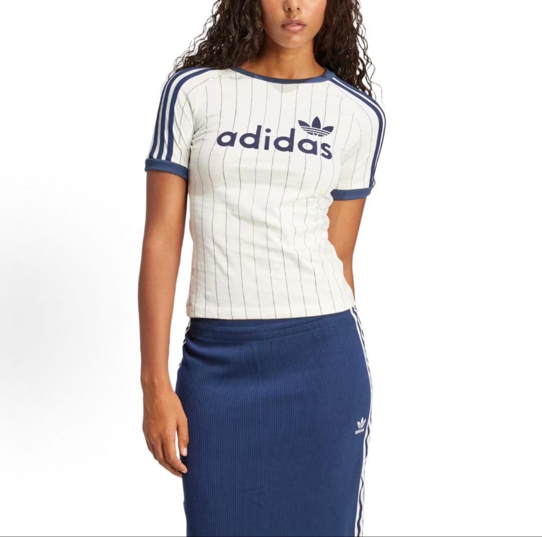 新品L adidas スリムフィット 半袖Tシャツ ピンストライプJC7705
