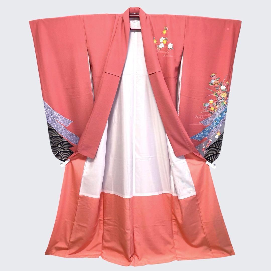 【良品✨】東レシルック　振袖　洗える着物　中紅色　四季草花模様　トールサイズG2