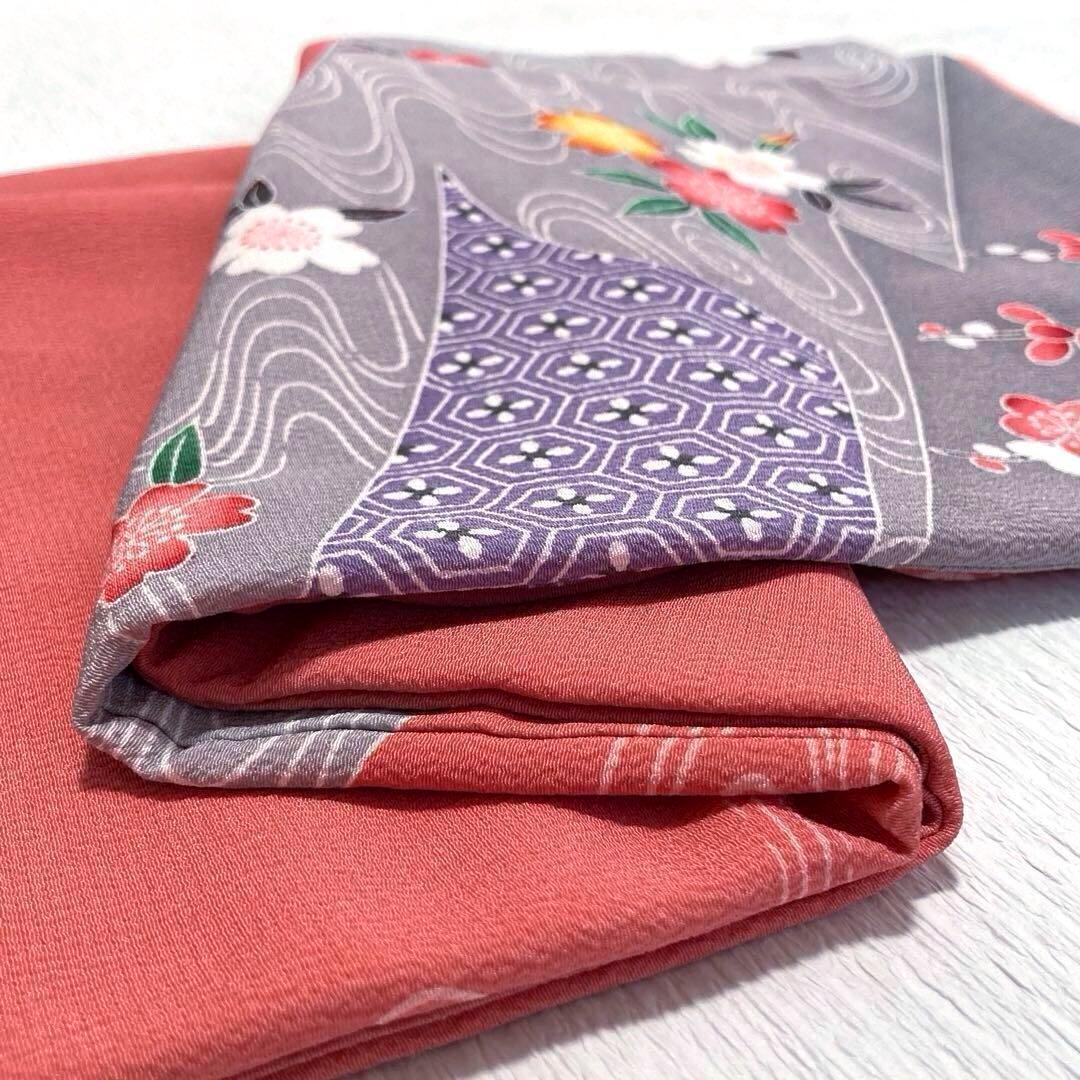 【良品✨】東レシルック　振袖　洗える着物　中紅色　四季草花模様　トールサイズG2