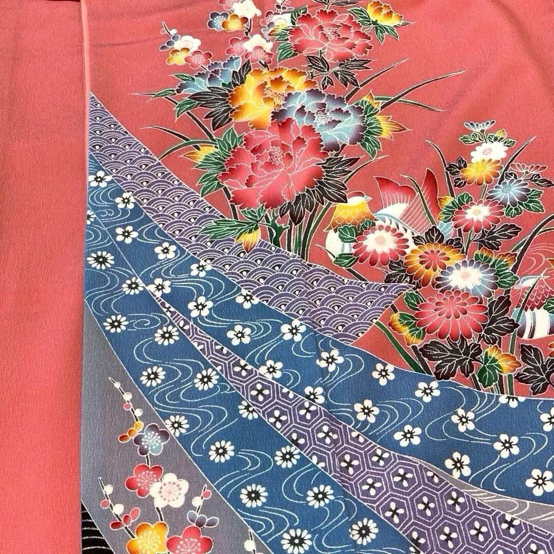 【良品✨】東レシルック　振袖　洗える着物　中紅色　四季草花模様　トールサイズG2