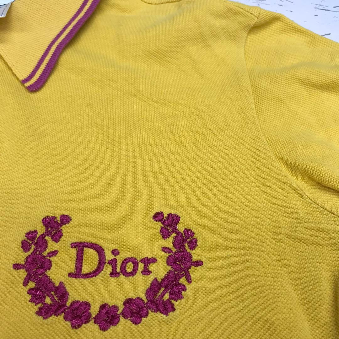 00's古着 Christian Dior 花刺繍 ロゴ ラインポロシャツ