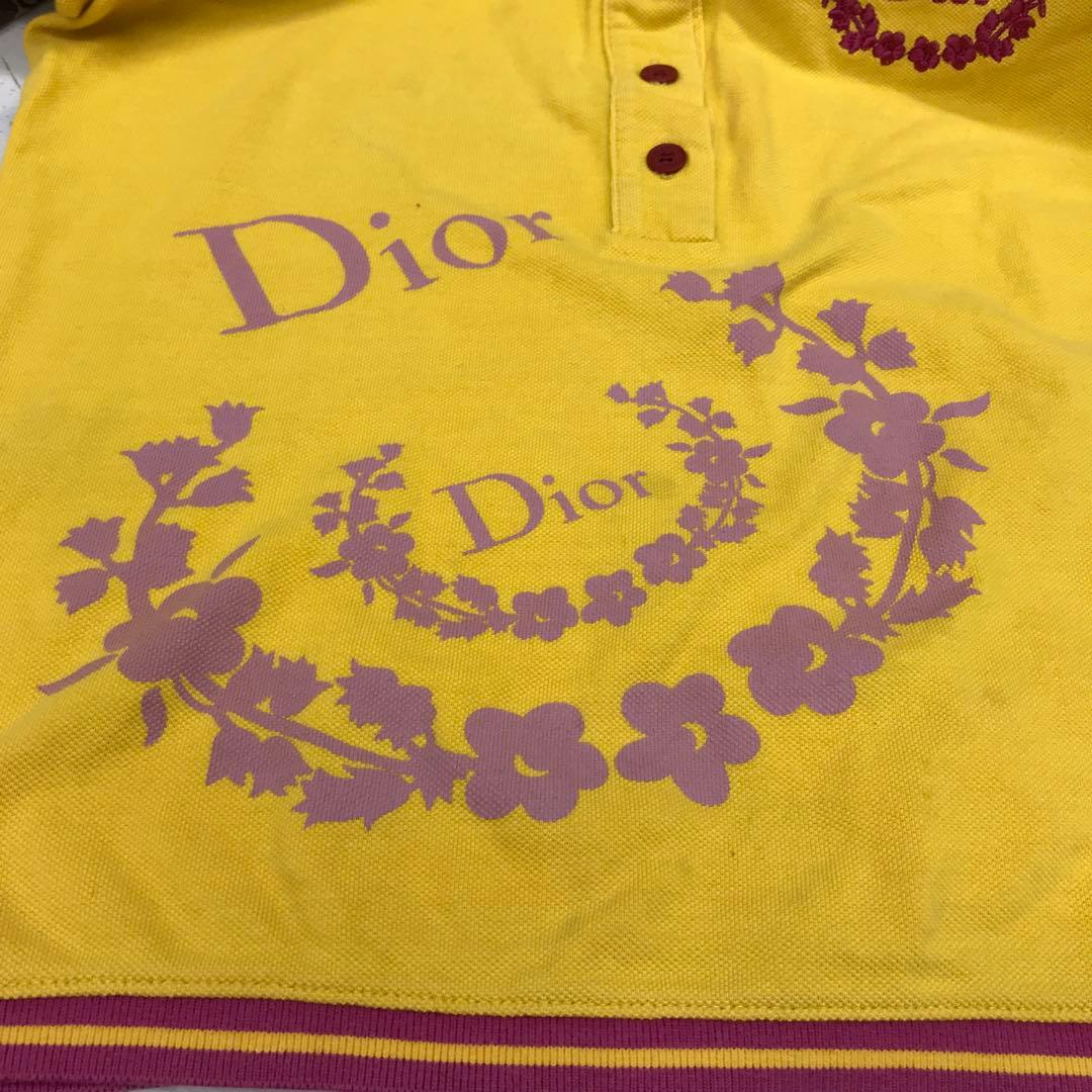 00's古着 Christian Dior 花刺繍 ロゴ ラインポロシャツ