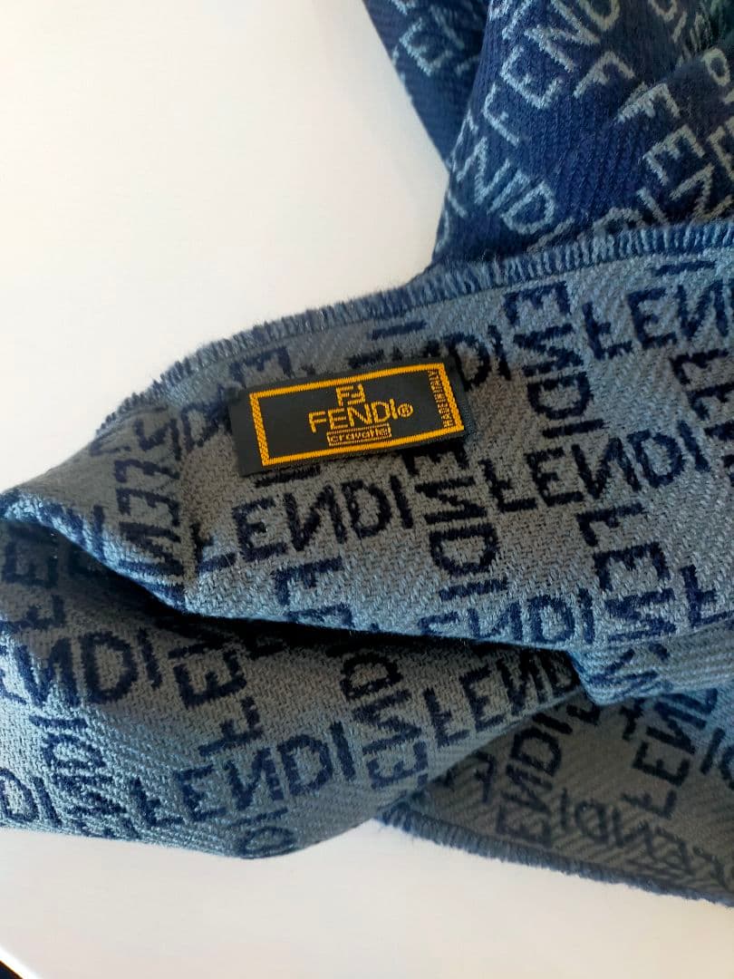 FENDI フェンディ ロゴ モノグラム マフラー ネイビー グレー