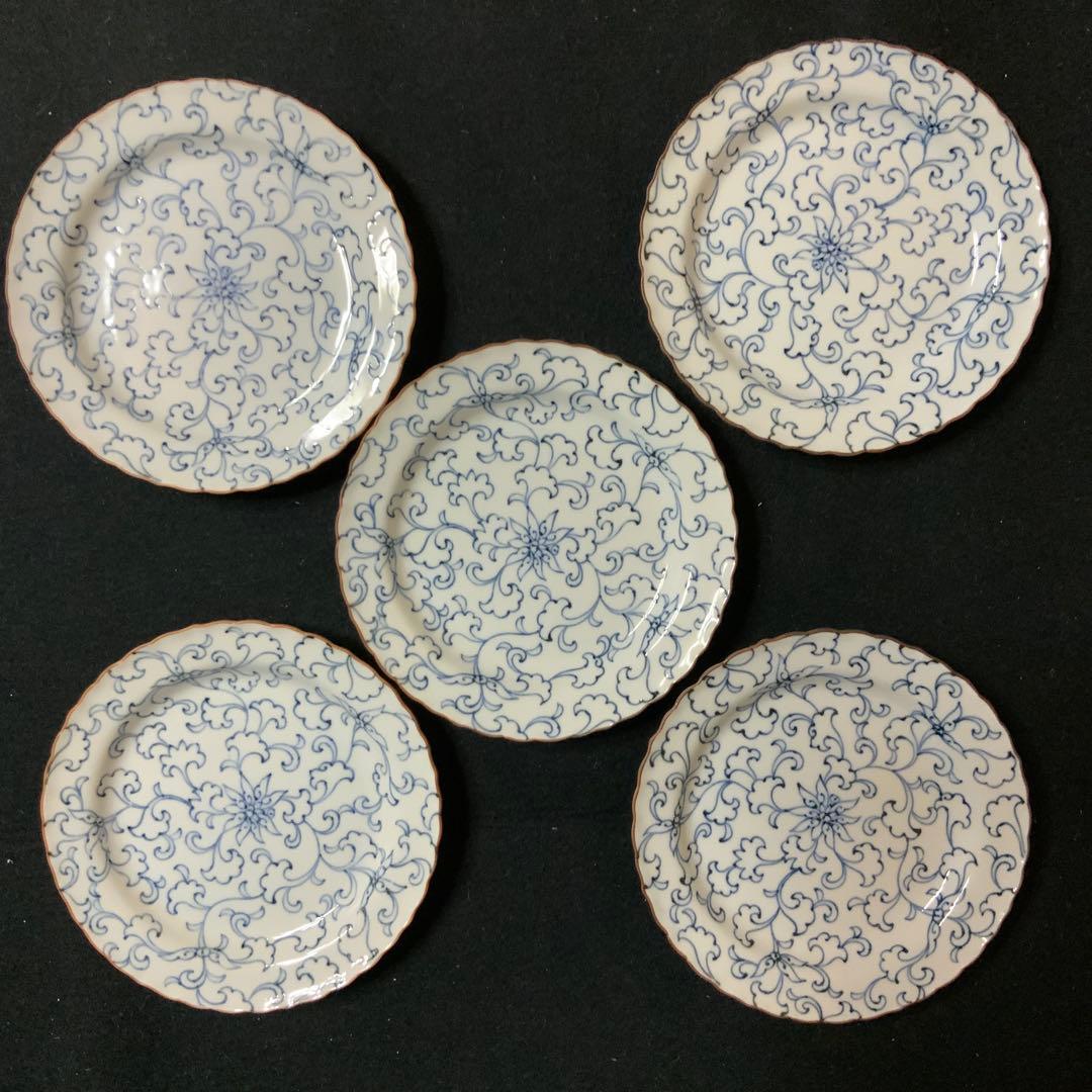 たち吉　京唐草￼ 銘名￼皿5枚セット　新品未使用　17cm￼中皿　取り皿　箱付